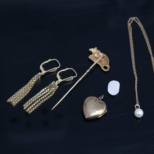 1450 - Various jewellery, including 14ct box link tassel earrings, 4.4g, 9ct trace link chain and stickpin,... 