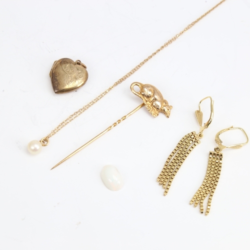 1450 - Various jewellery, including 14ct box link tassel earrings, 4.4g, 9ct trace link chain and stickpin,... 