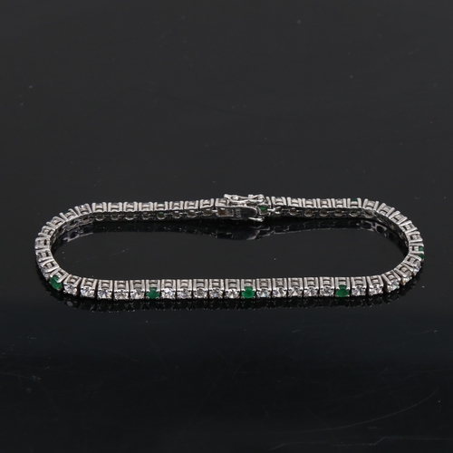 1452 - A modern silver emerald and CZ tennis line bracelet, bracelet length 18cm, 10.5g