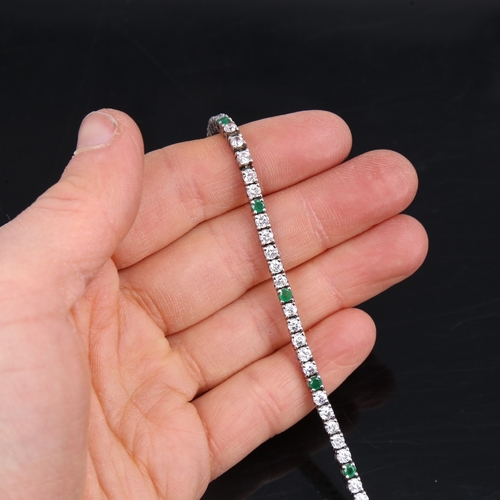 1452 - A modern silver emerald and CZ tennis line bracelet, bracelet length 18cm, 10.5g