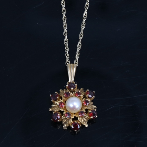 1453 - A late 20th century 9ct gold garnet and pearl floral pendant necklace, pendant height excluding bale... 