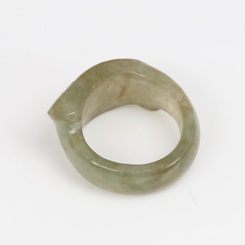 1454 - A carved and polished jade leaf ring, setting height 11.6mm, size N, 6.3g