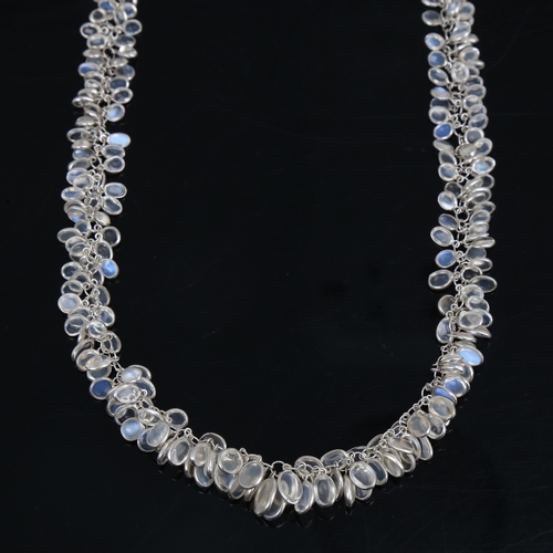 1456 - A modern handmade unmarked silver graduated cabochon blue moonstone cluster grape necklace, set with... 