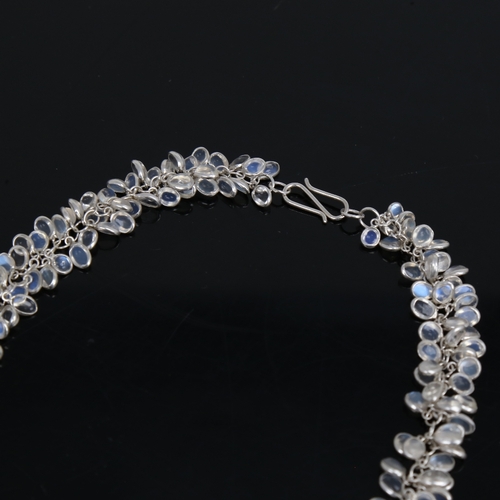 1456 - A modern handmade unmarked silver graduated cabochon blue moonstone cluster grape necklace, set with... 