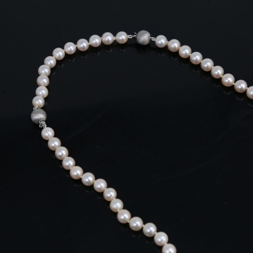 1459 - A Vintage single-strand pearl and diamond pendant necklace, with textured 14ct white gold clasps, to... 