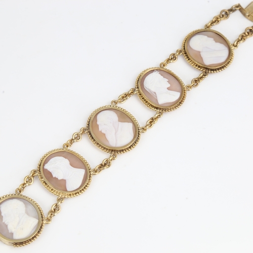 1464 - An Antique unmarked yellow metal 5-panel cameo bracelet, relief carved shell panels with profile des... 