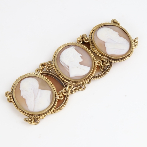 1464 - An Antique unmarked yellow metal 5-panel cameo bracelet, relief carved shell panels with profile des... 