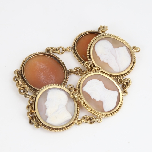 1464 - An Antique unmarked yellow metal 5-panel cameo bracelet, relief carved shell panels with profile des... 