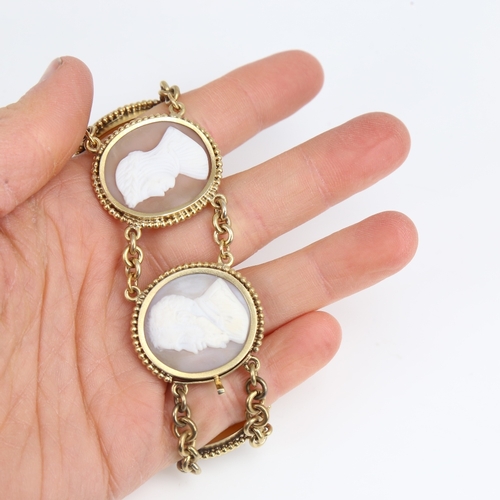 1464 - An Antique unmarked yellow metal 5-panel cameo bracelet, relief carved shell panels with profile des... 