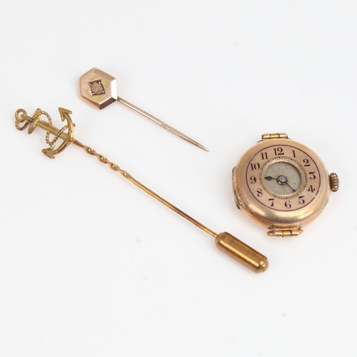 1466 - Various gold jewellery, including lady's 9ct mechanical wristwatch, 9ct anchor stickpin, and unmarke... 