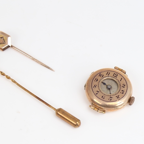 1466 - Various gold jewellery, including lady's 9ct mechanical wristwatch, 9ct anchor stickpin, and unmarke... 