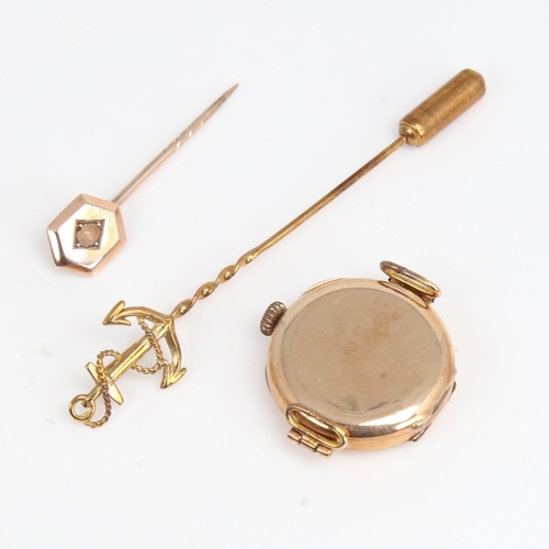 1466 - Various gold jewellery, including lady's 9ct mechanical wristwatch, 9ct anchor stickpin, and unmarke... 