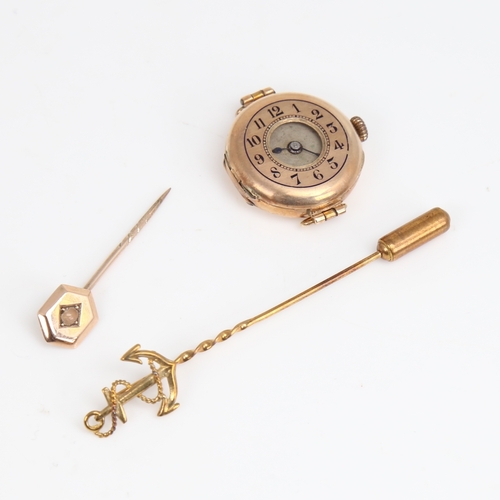 1466 - Various gold jewellery, including lady's 9ct mechanical wristwatch, 9ct anchor stickpin, and unmarke... 