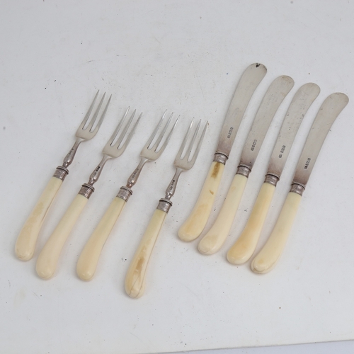 1247 - An Edwardian set of silver-bladed ivory-handled pistol-grip dessert knives and forks, for 4 people, ... 