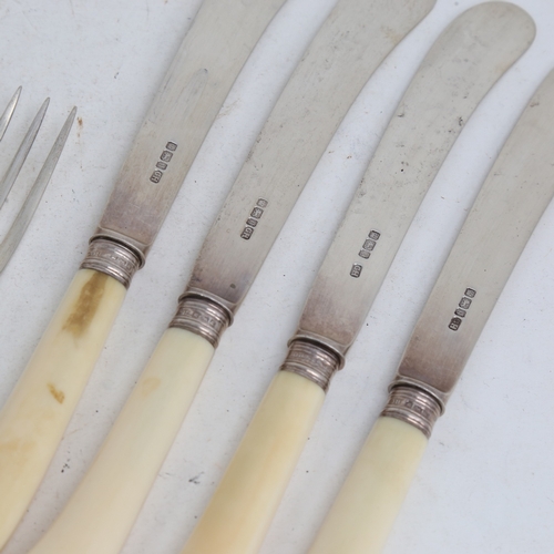 1247 - An Edwardian set of silver-bladed ivory-handled pistol-grip dessert knives and forks, for 4 people, ... 