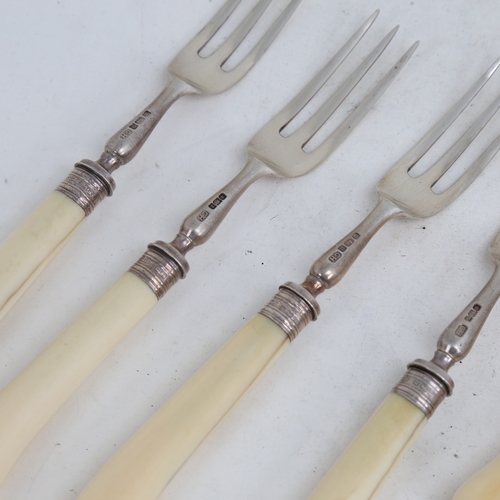 1247 - An Edwardian set of silver-bladed ivory-handled pistol-grip dessert knives and forks, for 4 people, ... 