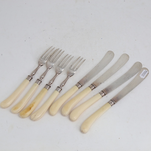 1247 - An Edwardian set of silver-bladed ivory-handled pistol-grip dessert knives and forks, for 4 people, ... 