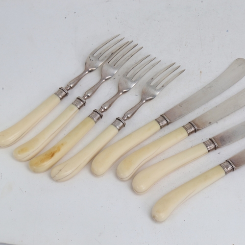 1247 - An Edwardian set of silver-bladed ivory-handled pistol-grip dessert knives and forks, for 4 people, ... 