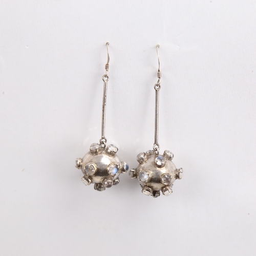 1476 - A pair of handmade sterling silver blue moonstone bombe drop earrings, earring height 59mm, 11.4g