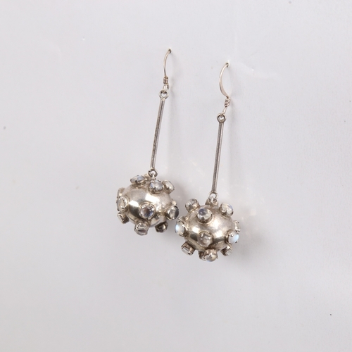 1476 - A pair of handmade sterling silver blue moonstone bombe drop earrings, earring height 59mm, 11.4g