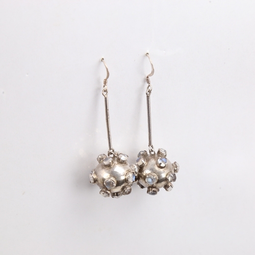 1476 - A pair of handmade sterling silver blue moonstone bombe drop earrings, earring height 59mm, 11.4g