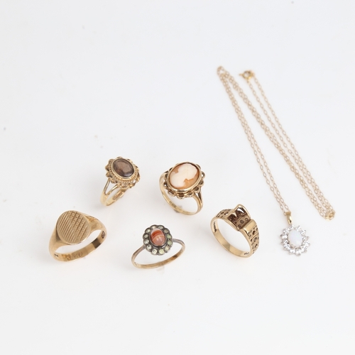 1477 - Various gold jewellery, including 9ct signet ring, buckle ring etc, 16.7g total (6)