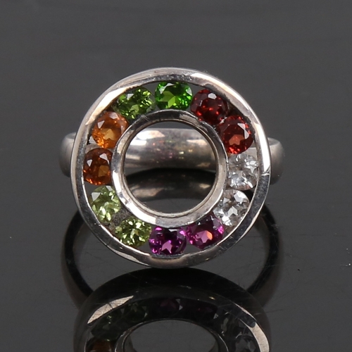 1479 - A modern handmade unmarked silver gem set halo ring, setting height 19.2mm, size P, 6.7g