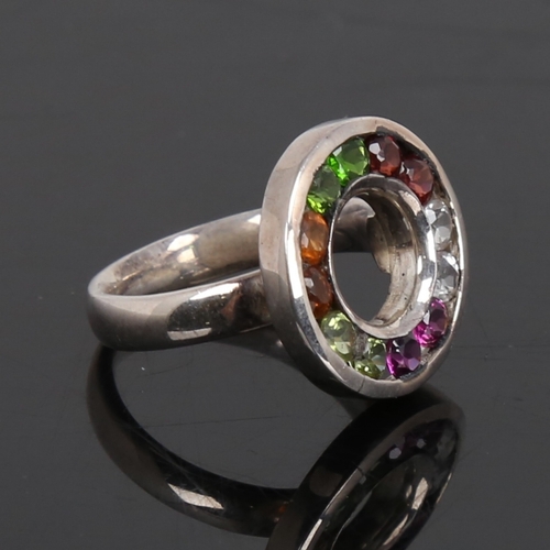 1479 - A modern handmade unmarked silver gem set halo ring, setting height 19.2mm, size P, 6.7g