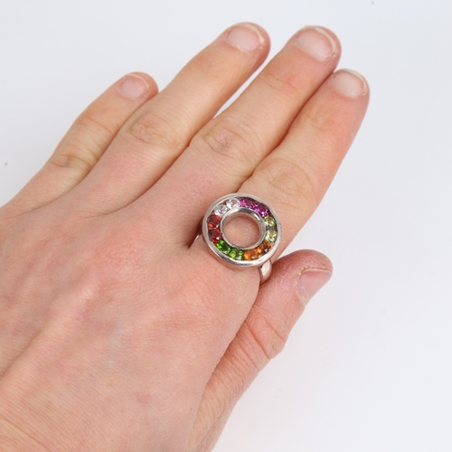 1479 - A modern handmade unmarked silver gem set halo ring, setting height 19.2mm, size P, 6.7g