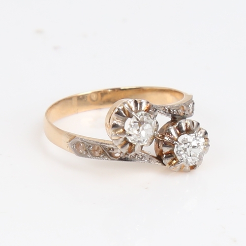 1480 - An Antique unmarked gold diamond crossover ring, set with old and rose-cut diamonds, total diamond c... 