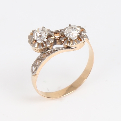 1480 - An Antique unmarked gold diamond crossover ring, set with old and rose-cut diamonds, total diamond c... 