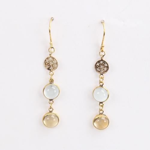 1482 - A modern handmade pair of unmarked gold citrine blue moonstone and diamond drop earrings, set with c... 