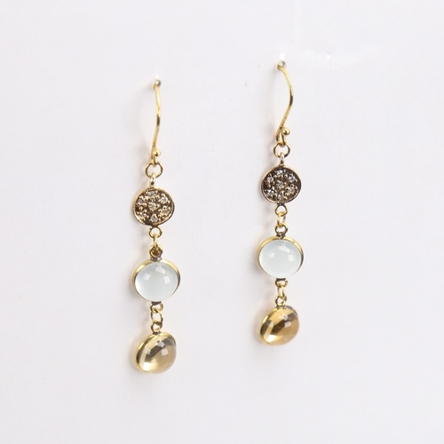 1482 - A modern handmade pair of unmarked gold citrine blue moonstone and diamond drop earrings, set with c... 