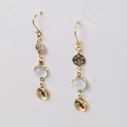 1482 - A modern handmade pair of unmarked gold citrine blue moonstone and diamond drop earrings, set with c... 