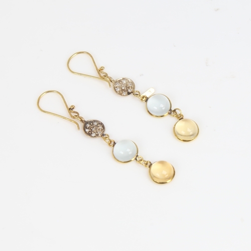 1482 - A modern handmade pair of unmarked gold citrine blue moonstone and diamond drop earrings, set with c... 