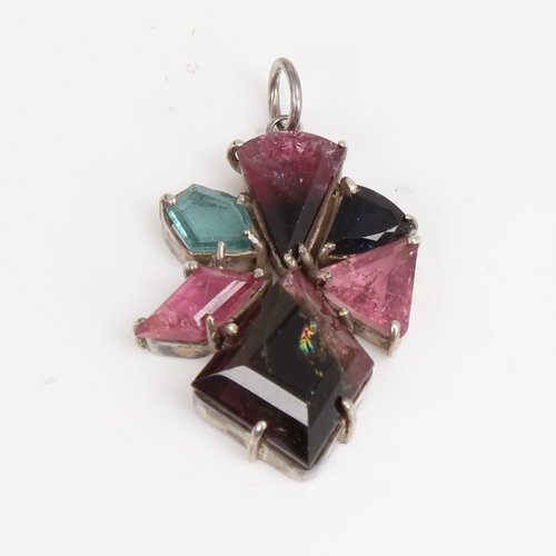 1485 - A modern handmade unmarked silver vari-hue tourmaline pendant, set with fantasy-cut tourmalines, pen... 