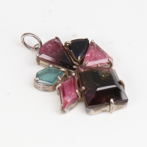 1485 - A modern handmade unmarked silver vari-hue tourmaline pendant, set with fantasy-cut tourmalines, pen... 