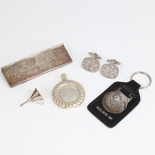 1486 - Various silver, including Vintage cufflinks, miniature perfume flask and funnel etc