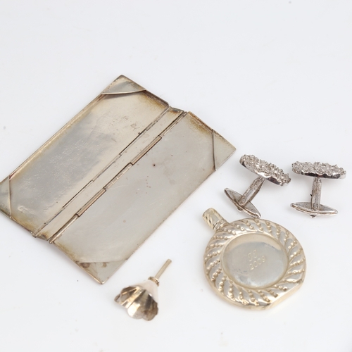 1486 - Various silver, including Vintage cufflinks, miniature perfume flask and funnel etc