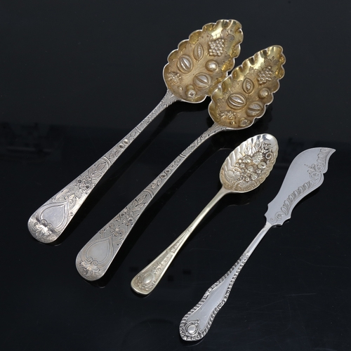 1488 - A pair of George III silver berry spoons, no maker's marks, hallmarks London 1789, length 23cm, 3.8o... 