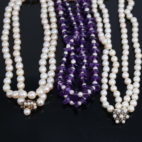 1490 - 3 Vintage necklaces, including amethyst and pearl example with 9ct clasp, long single-strand pearl n... 