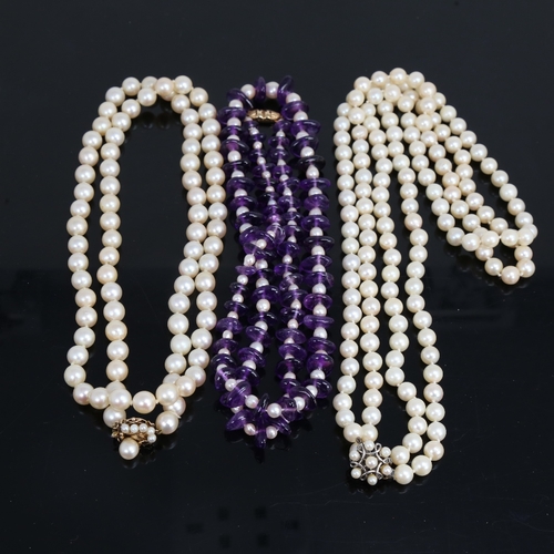 1490 - 3 Vintage necklaces, including amethyst and pearl example with 9ct clasp, long single-strand pearl n... 