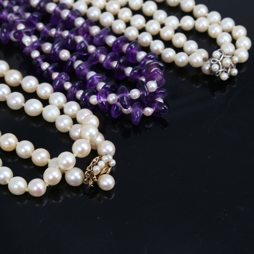 1490 - 3 Vintage necklaces, including amethyst and pearl example with 9ct clasp, long single-strand pearl n... 