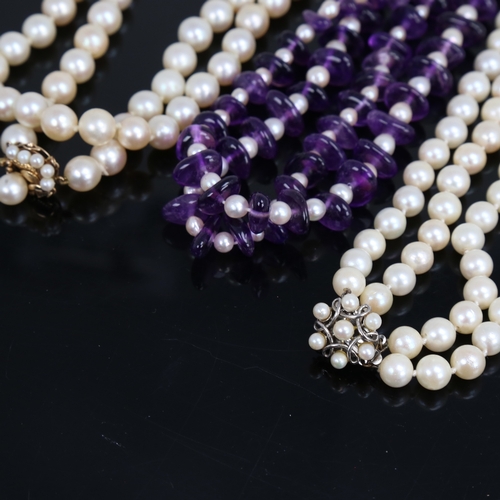 1490 - 3 Vintage necklaces, including amethyst and pearl example with 9ct clasp, long single-strand pearl n... 