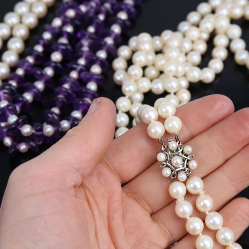 1490 - 3 Vintage necklaces, including amethyst and pearl example with 9ct clasp, long single-strand pearl n... 