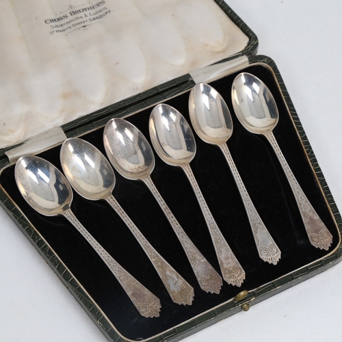 1491 - A set of 6 Edwardian silver teaspoons, engraved decorated handles, by C T Burrows & Sons, hallmarks ... 