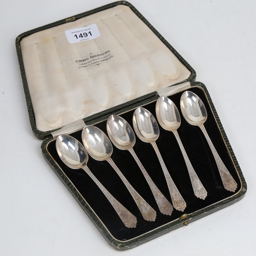 1491 - A set of 6 Edwardian silver teaspoons, engraved decorated handles, by C T Burrows & Sons, hallmarks ... 