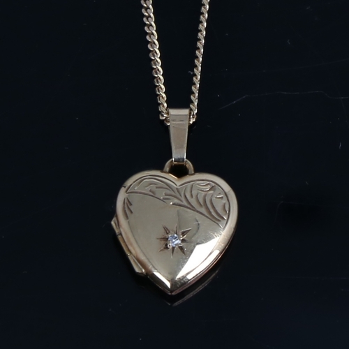 1497 - A late 20th century 9ct gold diamond set heart photo locket pendant necklace, on 9ct flat trace curb... 