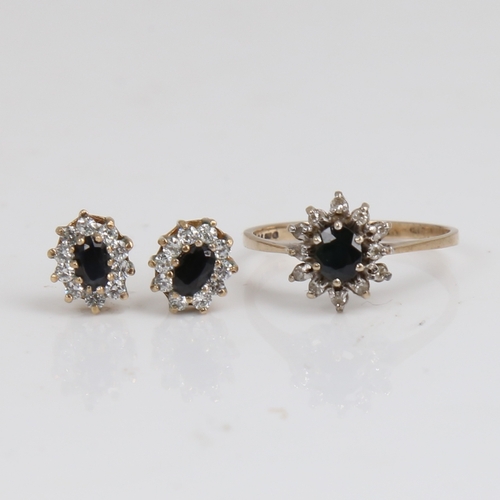 1499 - A late 20th century 9ct gold sapphire diamond and cubic zirconia cluster matching ring and stud earr... 