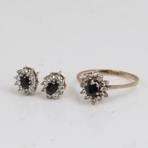 1499 - A late 20th century 9ct gold sapphire diamond and cubic zirconia cluster matching ring and stud earr... 